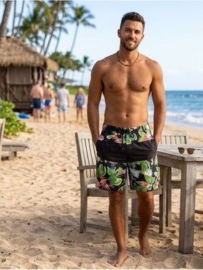 Body Glove Black Tropical Print Swim Shorts with Green and Pink Leaves